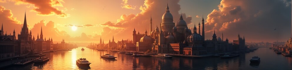 Fototapeta premium Waterborne city rises from flooded terrain at sunrise. Buildings float on water. Boats main transport. Sunrise paints golden hues across city. Tranquil water reflects buildings. Watery landscape.