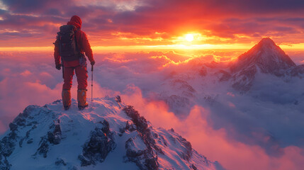 Fototapeta premium A climber stands on the top of a mountain and admires the sunset 