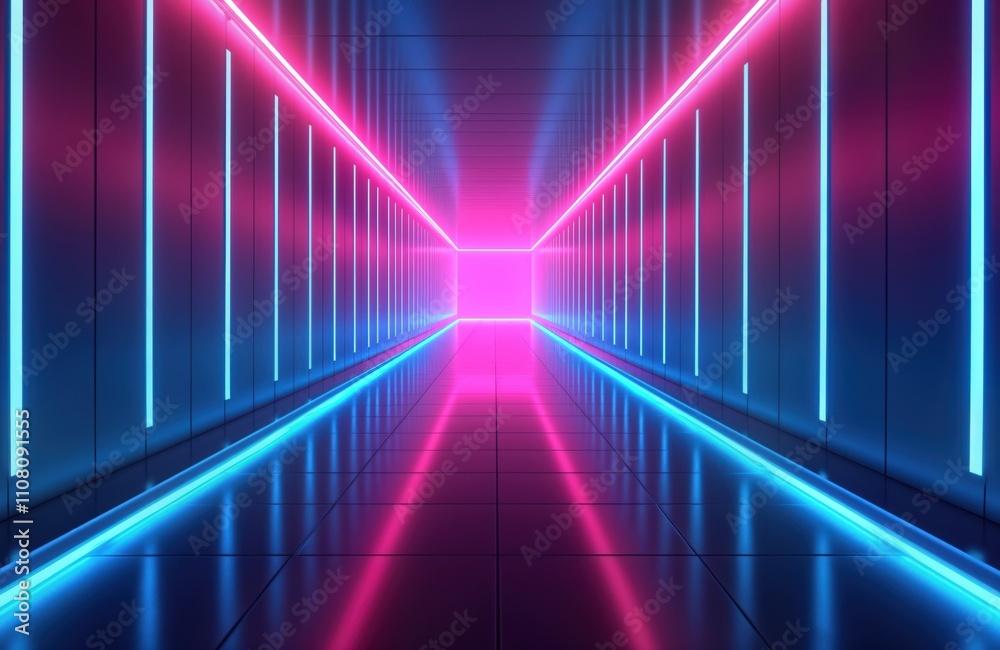 Aufkleber futuristic corridor with vibrant purple, blue neon lights. empty tunnel with geometric patterns. abs