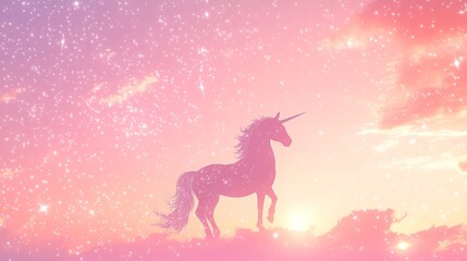 Fototapeta premium Pastel unicorn background with a pink sky, glittery stars, and a dreamy fantasy scene.