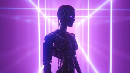 Fototapeta premium Futuristischer roboter in neonfarbenem raum