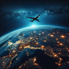 Obraz premium Airplane Flying Above Earth at Night, Showing Illuminated City Lights and Starry Sky, Representing Global Travel and Advanced Technology