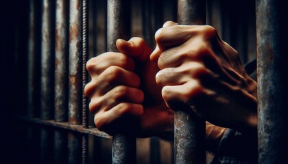 Obraz premium ands Gripping Jail Bars, Symbolizing Imprisonment and Restriction