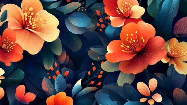 Colorful floral pattern featuring hibiscus and tropical leaves on a dark background