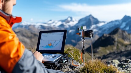 Scientist analyzes environmental data on a mountain summit during the day with stunning views of the peaks