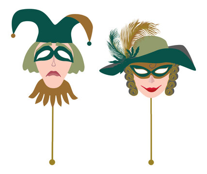 Venetian masquerade female and male mask, sad, cheerful, vector illustration isolated on white