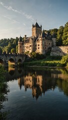 Obraz premium Picturesque castle along a riverbank in a historic town.
