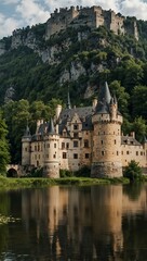 Obraz premium Picturesque castle along a riverbank in a historic town.