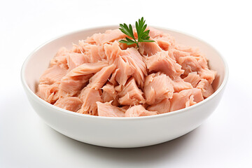 Canned tuna fish in plate isolated on clear white background