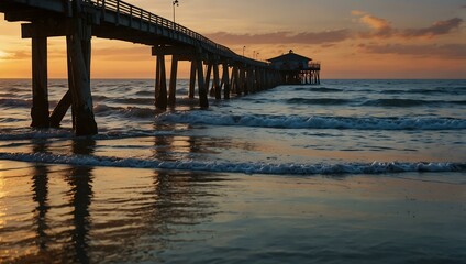Fototapeta premium Pier stretching into the ocean at sunset with gentle waves.