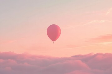 Fototapeta premium Pink Balloon Ascending Above Pastel Clouds