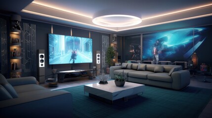 Naklejka premium Modern Futuristic Gaming Room Design With Large Screen