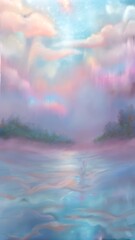 Dreamy pastel landscape with clouds reflecting on water surface, serene atmosphere, copy space