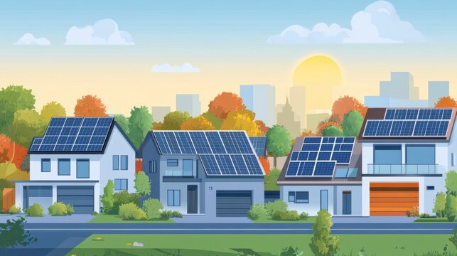 Moderne h&auml;user mit solarpanelen in stadtlandschaft