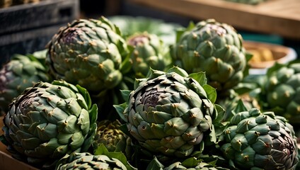Fototapeta premium Piled artichokes at a farmer's market, showcasing textures.