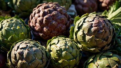 Obraz premium Piled artichokes at a farmer's market, showcasing textures.