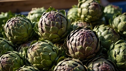 Fototapeta premium Piled artichokes at a farmer's market, showcasing textures.