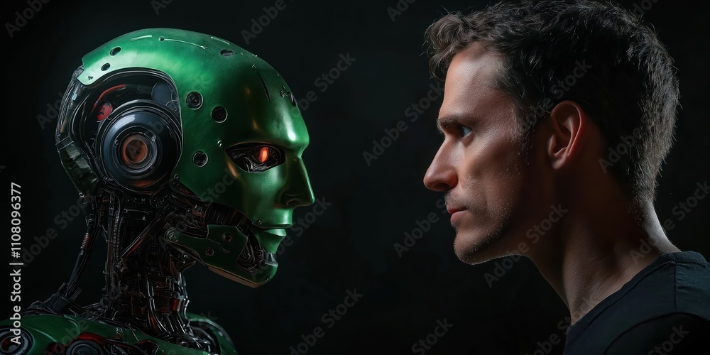 Aufkleber Man, AI robot face. Dark background. Futuristic concept. Possible competition conflict between human, artificial intelligence. Man confronts advanced technology. Potential photo for sci-fi themed