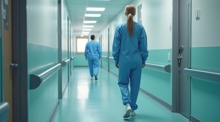 Fototapeta premium Hospital staff in protective overalls walking in hospital corridor. View from back of female doctor or nurse going along hallway in medical clinic. Healthcare and medicine concept.