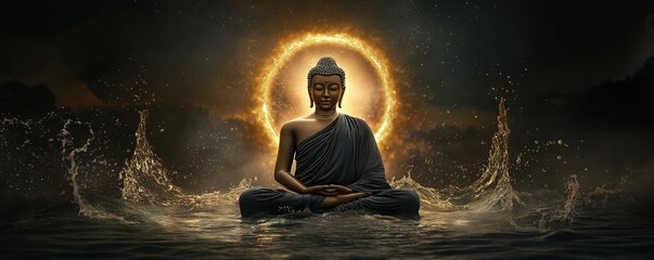 Peaceful Buddha statue sits in water. Dark cloth robe. Golden halo surrounds enlightened figure. Serene pose. Spiritual image. Meditation concept. Harmony, tranquility. Inspiring art. Ideal for