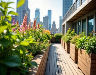 Fototapeta premium Urban rooftop garden with rich plants, flowers. Wooden planters hold diverse green plants against city backdrop. Healthy living trend in modern city. Eco-friendly urban gardening. Beautiful design.