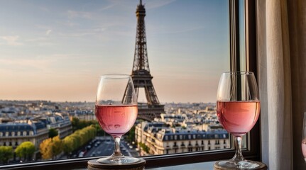 Two glasses of rosé wine overlooking the eiffel tower in paris at sunset