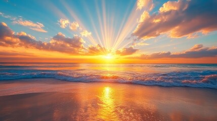 Fototapeta premium Beautiful colorful sunset sky with bright clouds sun rays over the ocean.
