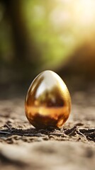 Obraz premium A Shimmering Golden Egg Nestled in Natural Earth Surrounded by Soft Light and Organic Textures, Perfect for Easter, Nature Themes, and Artistic Projects
