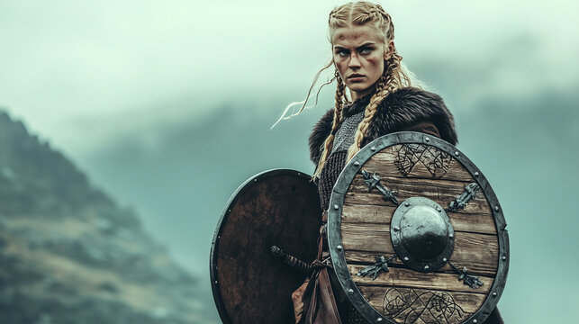 A Viking shieldmaiden standing confidently in battle gear, with her shield slung on her back and a sword at her side