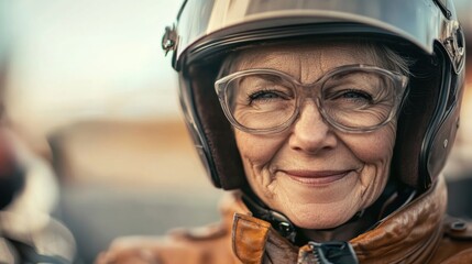 &Auml;ltere frau mit motorradhelm