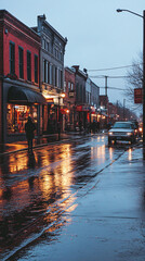 Naklejka premium Moody Rainy Evening on Urban Streets with Glowing Lights and Reflections on Wet Pavement Creating a Nostalgic Atmosphere