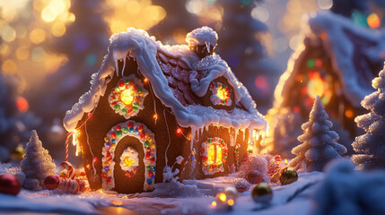 Fototapeta premium Enchanting Illuminated Gingerbread House Winter Scene