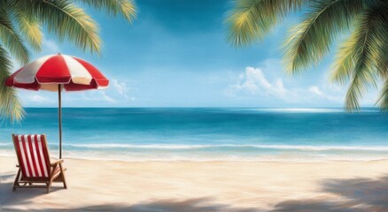 Fototapeta premium Two red and white chairs with an umbrella on a beautiful beach near the calm ocean