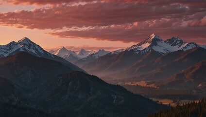 Fototapeta premium Pink sunset over a majestic mountain range.