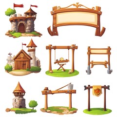 Obraz premium Colorful Medieval Castle Elements with Banners, Structures, and Tools for Fantasy or Game Design Settings and Illustrations