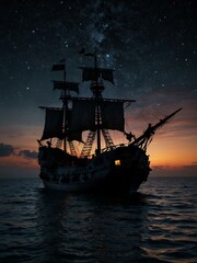 Obraz premium Pirate ship silhouetted against a night sky.
