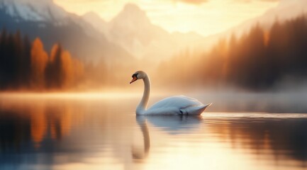 Fototapeta premium Scenic view of a swan gliding on tranquil waters at sunset in a mountain landscape