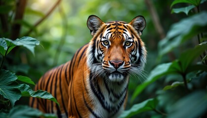 Fototapeta premium Close-up view of tiger in jungle. Animal stares directly at camera. Wild striped cat in natural habitat. Tiger looks fierce, curious. Green jungle foliage surrounds. Image ideal for nature wildlife