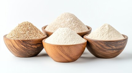 whole grains fiber recipes concept. Bowls filled with various types of flour, showcasing diverse textures and colors, ideal for baking and cooking.