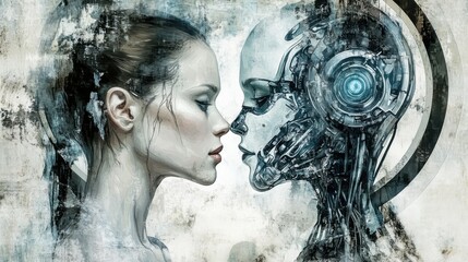 Futuristische kunst frau und roboter