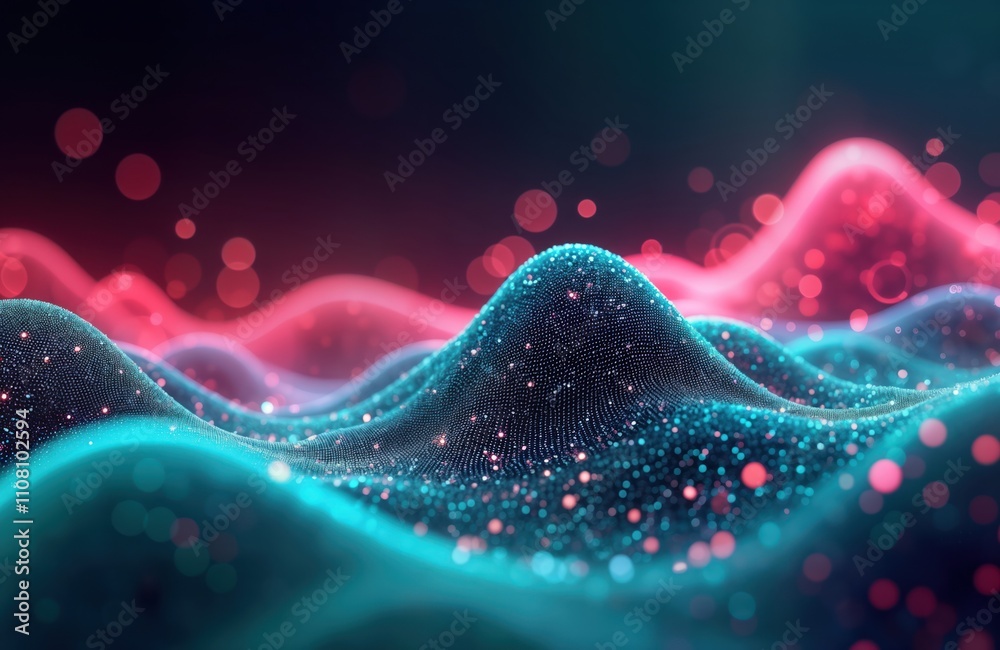 Poster abstract futuristic background with vibrant pink, blue glowing neon waves. data points create dynami