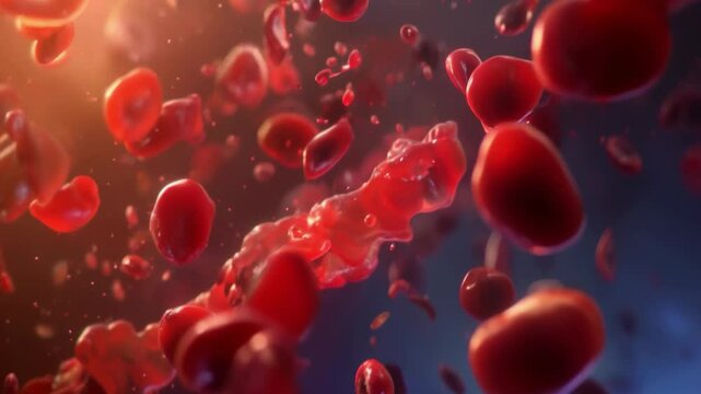   various forms of red blood cells on a transitional blue-red background. The white cells hint at microbiological fiction.
