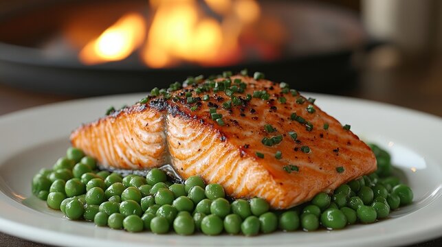 A beautifully plated salmon fillet served on a bed of green peas, with a warm fire in the background.