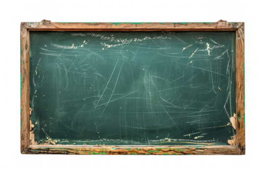 Old-fashioned green chalkboard with wooden frame in a vintage classroom setting