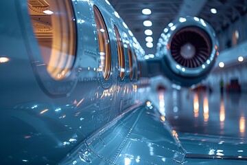 Close-up of a sleek aircraft in a hangar, showcasing design details.