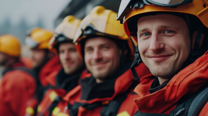 Fototapeta premium Group of firefighters posing as a team with positive attitude.