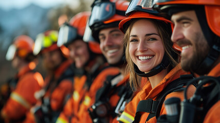 Close-up of a smiling firefighter in helmet and safety uniform.