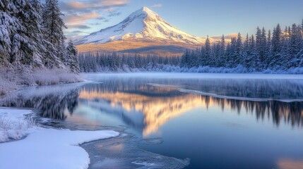 Obraz premium Mountain Reflection in a Frozen Lake with Snow Capped Trees Snow Covered Mountains and Peaks ,Winter seasson, Happy New Year, Happy christmass 