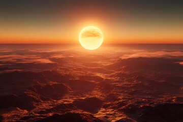 Orange Sun Setting Over Volcanic Landscape