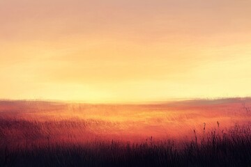 Obraz premium Golden Sunset Over Serene Grassland Field